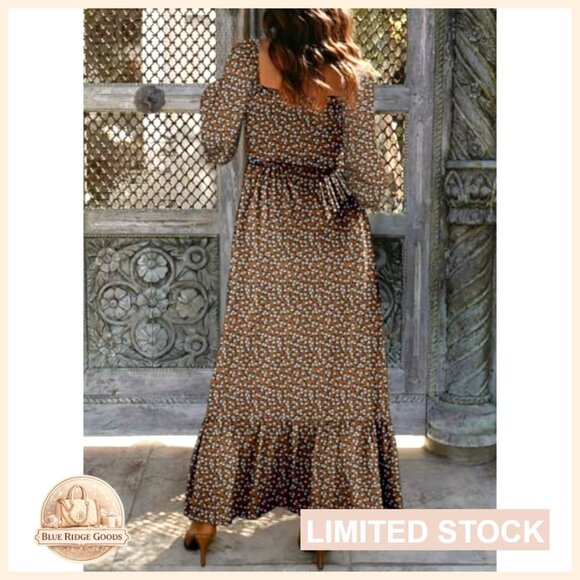 Boho Floral Maxi Dress Smocked Empire Waist Square Neck Long Sleeve Button Beach - Picture 2 of 7